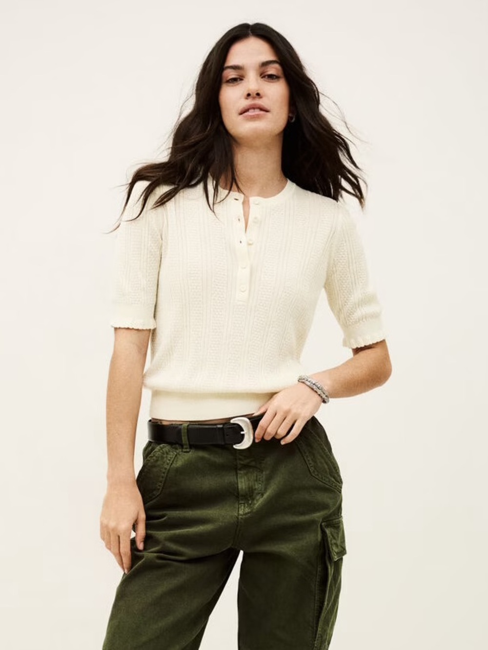BA&SH Viola Pointelle Short Sleeve Knit Sweater In Ecru Size 1/ Small NWT